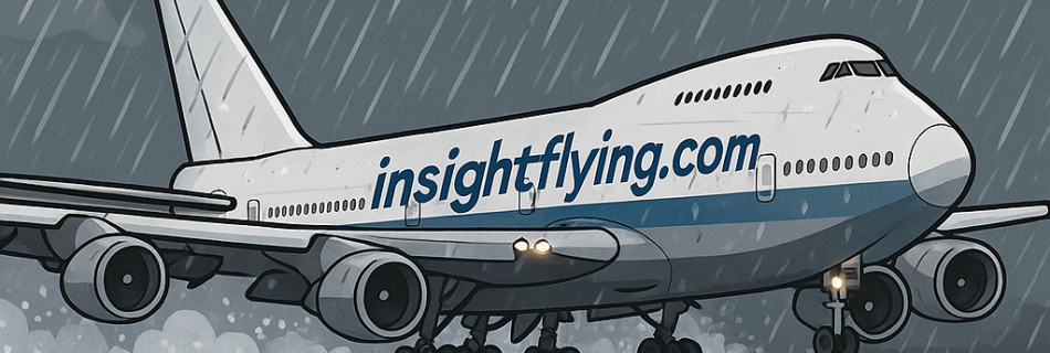 Boeing 747 landing on the wet runway with heavy thunderstrom rain