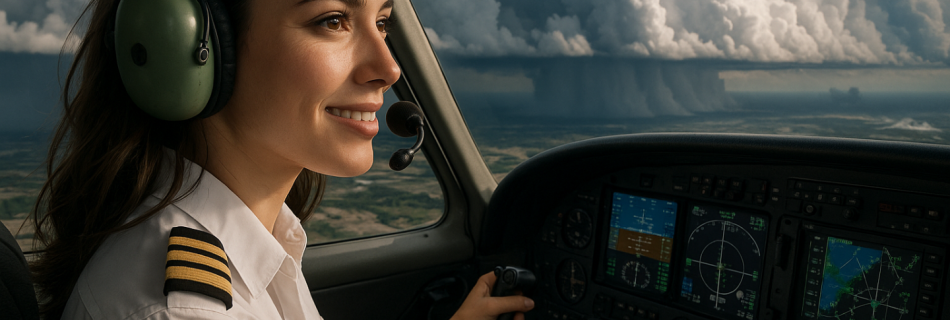 women pilot flying aircraft with squall line outside