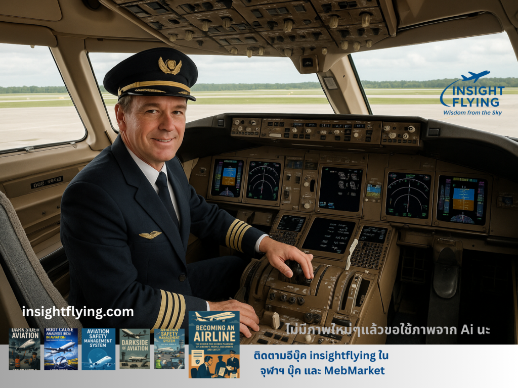 Airline captain sits in Boeing 747-400 cockpit