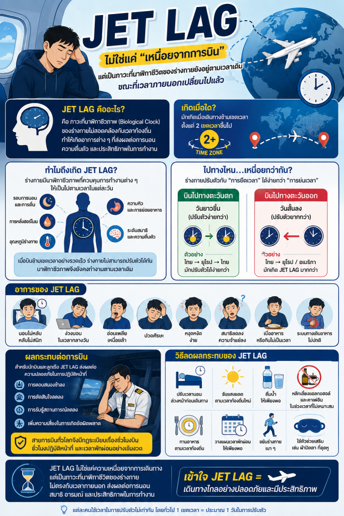 Jet Lag ไม่ใช่แค่ความเหนื่อยจากการเดินทาง

แต่เป็นภาวะที่นาฬิกาชีวิตของร่างกายยังคงทำงานตามเวลาเดิม
ในขณะที่โลกภายนอกเปลี่ยนเวลาไปแล้ว
