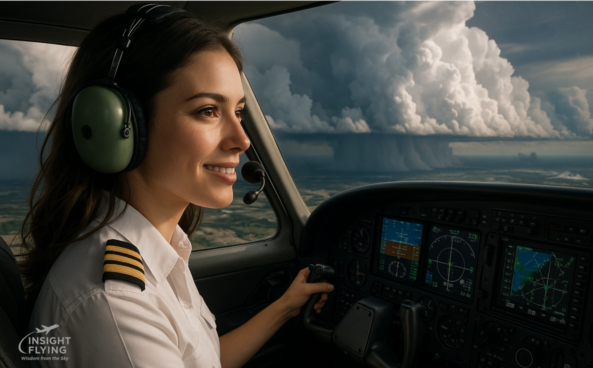 women pilot flying aircraft with squall line outside